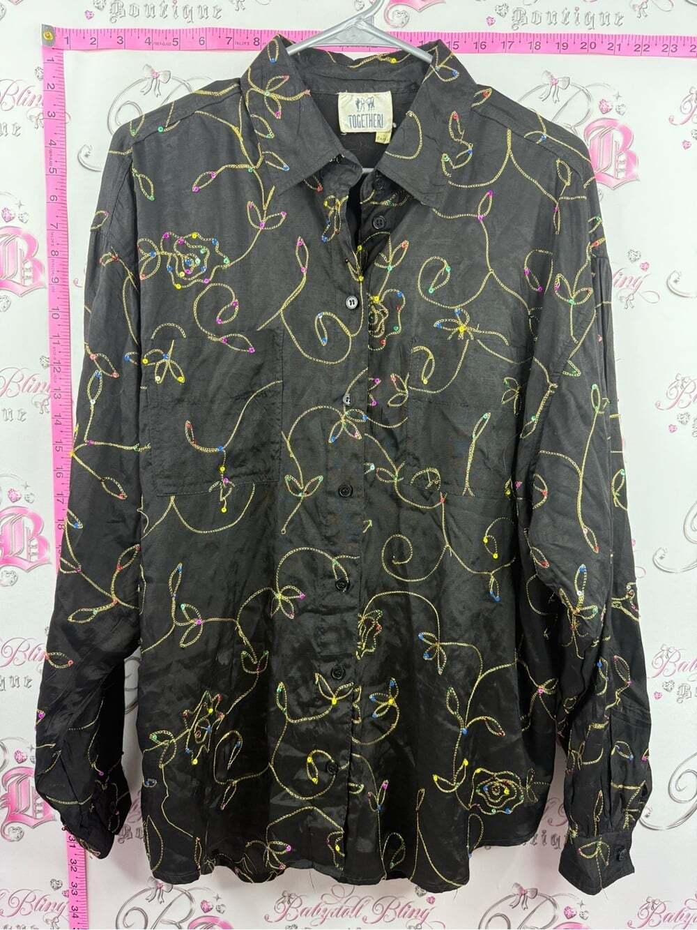 Together vintage shirt Black Button-Down Shirt Multicolor Embroidered Swirls